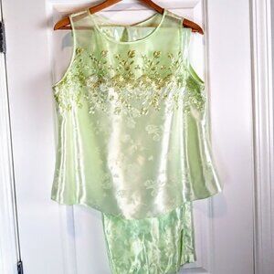 Inner Most Mint Green Embroidered Mesh Sleeveless Pajama Set